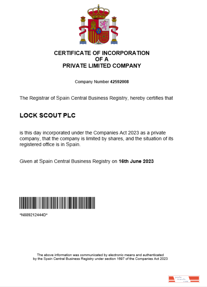 Spain business registration certificate Word and PDF template